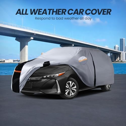 Multi-Layer Car Cover Custom Fit for Toyota Prius(2011-2026), 100% Waterproof All Weather for Automobiles, Gift with Towel, Heavy Duty Car Covers for Rain Sun UV Protection with Door Zipper