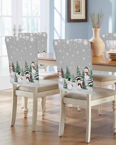 Christmas Snowman Chair Back Covers Set of 4 Xmas Tree Snowflakes Forest Grey Gradient Bottom Washable Removable Chair Cover Slipcover Protector for Dining Room Hotel Party Holiday Decor