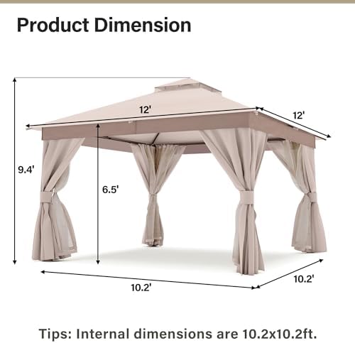 LAUSAINT HOME 12x12 Gazebo with Lights, Netting, Curtains & Double Roof