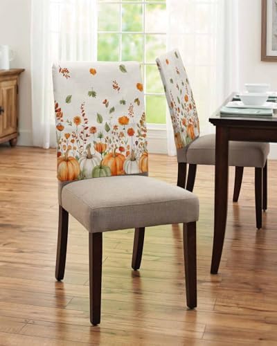 Thanksgiving Orange Pumpkin Chair Back Covers Set of 6 Wildflowers Leaves Watercolor Linen Texture Washable Removable Chair Cover Slipcover Protector for Dining Room Hotel Party Holiday Decor