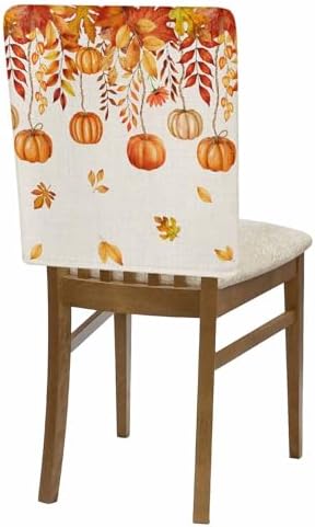 Thanksgiving Orange Pumpkin Chair Back Covers Set of 6 Fall Maple Leaves Floral Linen Texture Washable Removable Chair Cover Slipcover Protector for Dining Room Hotel Party Holiday Decor