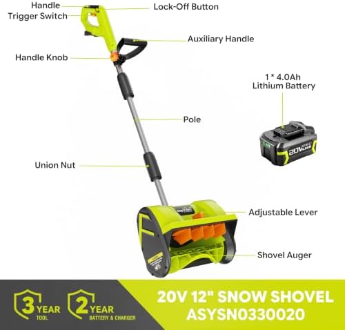 SnapFresh 20V Cordless Snow Shovel, 12” Electric Snow Thrower Kit w/Adjustable Handle & Directional Plate, Lightweight Battery-Powered Snow Blower for Driveway, 4.0Ah Battery & Fast Charger Included