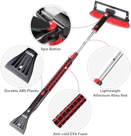 COFIT 39" Car Snow Brush with Ice Scraper and Squeegee 3 in 1, Extendable Cleaning Kit Long Handle, Windshield Snow Removal Tool Scratch Free for SUV Truck RV Window Roof Exterior Wash Supplies, Red
