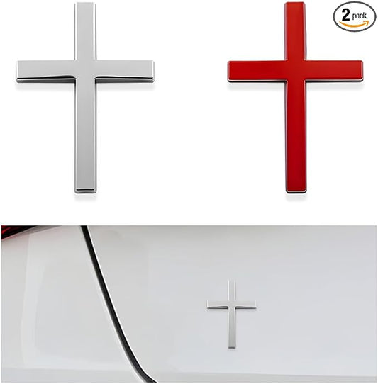 DXNQ 2PCS Metal Jesus Christ Cross Badge Stickers, 2.5"×1.8" Alloy 3D Individual Car Cross Sticker, Self Adhesive Scratch Covering Metal Cross Auto Emblem Decal for Car Body Fender Tail (Silver+Red)