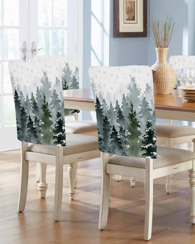 Misty Foggy Trees Chair Back Covers Set of 8 Winter Forest Christmas Snowflake Dark Green Washable Removable Chair Cover Slipcover Protector for Dining Room Hotel Party Holiday Decor