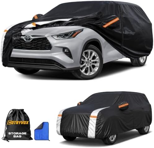 Multi-Layer Car Cover Custom Fit for Toyota Highlander(2001-2026), 100% Waterproof All Weather for Automobiles, Gift with Towel, Heavy Duty Car Covers for Rain Sun UV Protection with Door Zipper