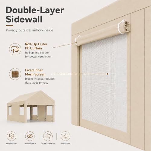 Nuturelly 12x20 Heavy Duty Carport, Portable Garage for Truck SUV, Khaki