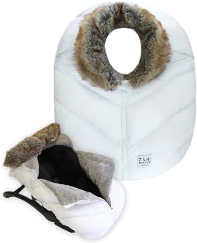 7AM Enfant Car Seat Covers - Cocoon Baby Cover for Boys & Girls, Rain & Snow Repellent, Breathable Windproof, Center Zipper, Universal Fit for Infant Car Seat (0-12M) (White Faux Fur)