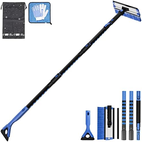 JOYTUTUS 61.3″ Ice Scraper and Long Handle Snow Brush, 270° Pivoting Extendable Car Snow Scraper Brush for Car Windshield, Telescoping Ice Scraper, Snow Remover for Cars, Trucks, SUV (Blue)