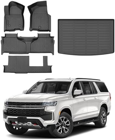 Powerty Floor Mats Cargo Liner for 2021-2024 2025 2026 Chevy Chevrolet Suburban/GMC Yukon XL 8 Seats All Weather 3D TPE Anti-Slip Car Protection, 1st & 2nd Row Set with Rear Cargo Mat Accessories