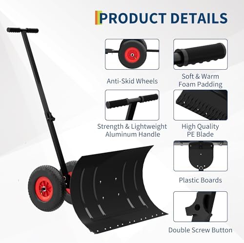 Large Black Wheeled Snow Shovel for Driveway - Heavy Duty Adjustable Snow Pusher with 5-Position Angle & Height Handle - Ergonomic Design for Back-Save Effort Snow Removal, 30" W x 18" H
