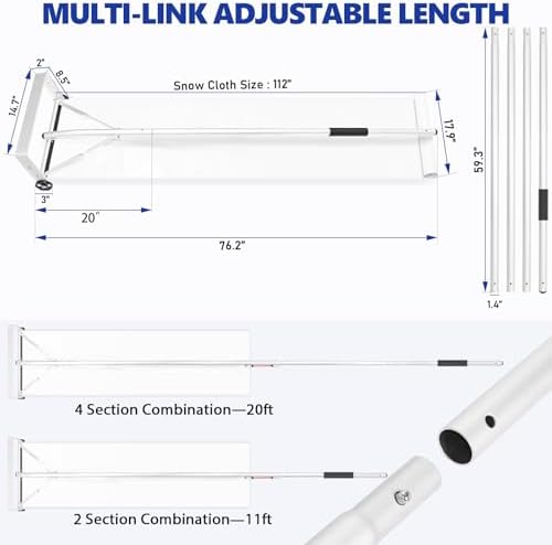 GMAK Large Snow Roof Rake with Wheels, 20FT Durable Aluminum Telescopic Roofs Shovel, Heavy Duty Snow Removal Tool with Wheels & Nylon Slide for Winter Housetop Roof Snow and Leaves