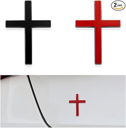 DXNQ 2PCS Metal Jesus Christ Cross Badge Stickers, 2.5"×1.8" Alloy 3D Individual Car Cross Sticker, Self Adhesive Scratch Covering Metal Cross Auto Emblem Decal for Car Body Fender Tail (Black+Red)