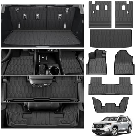 Powerty Floor Mats for Honda Pilot 2023-2025 2026, All Weather 3D TPE Anti-Slip Trunk Cargo Liner Seat Back Covers Protectors Full Set Car Accessories