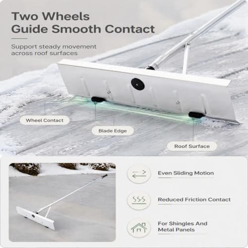 Telescoping Snow Roof Rake 20ft Adjustable Extra Long Handle 2 Wheel Design Wear Resistants Versatile Snow Removal Tool with Detachable Aluminium for House Car Courtyards