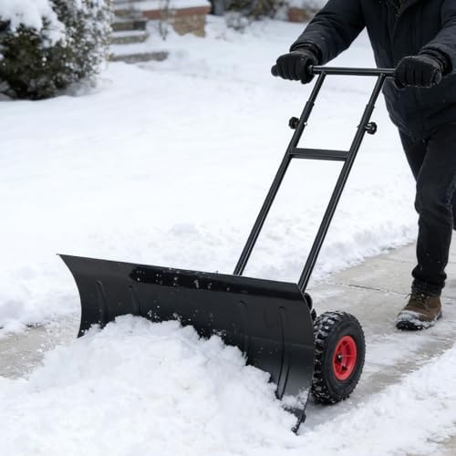 IRONMAX 29" Wide Ergonomic Snow Shovel for Driveway with Wheels, Black
