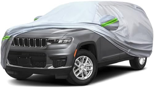 6-Layer Full Car Cover is All-Weather Waterproof, Universal in All Seasons, Snow Prevention, Rainproof, Acid Rainproof, Sunscreen, Ultraviolet-Proof, Fit SUV 214"-236" Green Reflective Strip