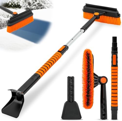 1 Pcs 33" to 39" Extendable Snow Brush and Ice Scraper for Car Windshield 3 in 1 Telescoping Handle with Detachable Brush Squeegee Foam Grip for Car SUV Truck Snow Winter Removal Orange