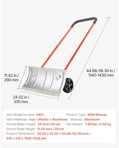 Snow Pusher Shovel with Wheels, 24-Inch Metal Plow for Driveways