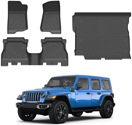 Powerty Floor Mats Cargo Liner for Jeep Wrangler JL Gas 2018-2026 2027 Unlimited 4-Door with Subwoofer (Non JK or 4XE) All Weather 3D TPE Anti-Slip Car Protection, 1st & 2nd Row Set Accessories