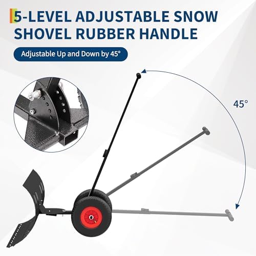 Large Black Wheeled Snow Shovel for Driveway - Heavy Duty Adjustable Snow Pusher with 5-Position Angle & Height Handle - Ergonomic Design for Back-Save Effort Snow Removal, 30" W x 18" H