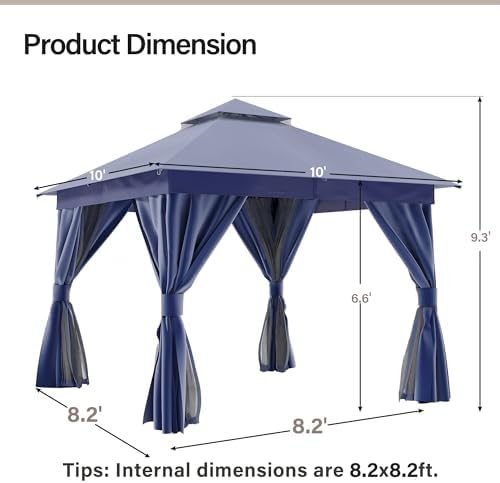LAUSAINT HOME 10x10 Gazebo with Lights, Netting, Curtains & Double Roof