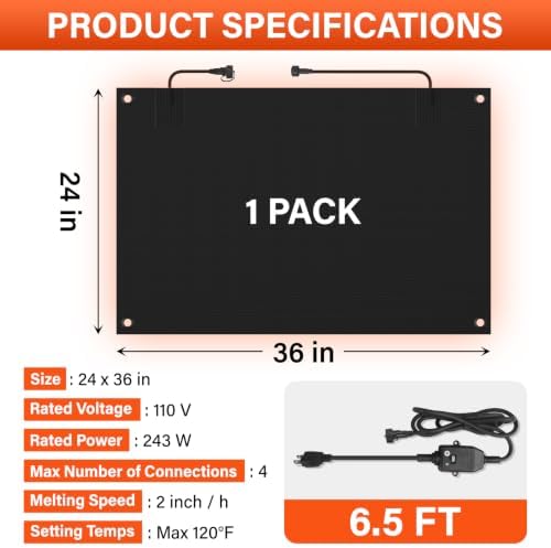 24 x 36 in Heated Snow Melting Mats,No-Slip Rubber Heated Outdoor Mats