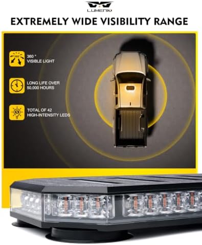 LUMENIX 42 LED Roof Top Strobe Beacon Light Bar Hazard Warning Emergency Flashing Plow Lights with Controller for Construction Vehicles Tow Trucks Postal Cars Snowplow Amber White (Patent Design)