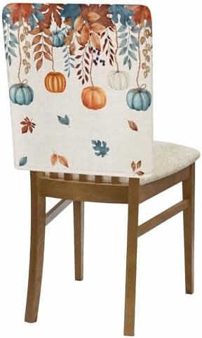 Thanksgiving Pumpkin Chair Back Covers Set of 8 Orange Blue White Maple Leaves Vintage Linen Texture Washable Removable Chair Cover Slipcover Protector for Dining Room Hotel Party Holiday Decor