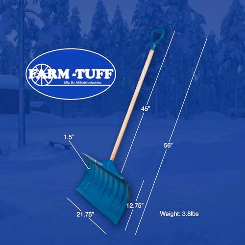 Farm-TUFF Heavy Duty Multi-Purpose Shovel - Snow, Barn, Grain, Industrial Use - Large Non-Stick Blade & Ash Hardwood D-Grip Handle - Durable & Lightweight Utility Scoop - Blue, 21.8in