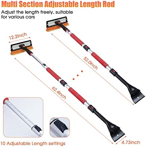 FOVAL 62.4" Extendable Ice Scraper Snow Brush with Squeegee for Windshield Window Car Trucks SUVs, 270° Pivoting Brush Head, Essential Winter Tool Ice Snow Remover with Comfortable Foam Grip