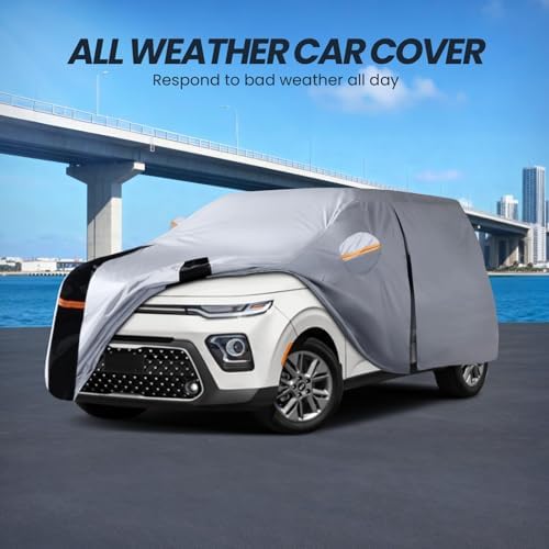 Multi-Layer Car Cover Custom Fit for Kia Soul(2009-2026), 100% Waterproof All Weather for Automobiles, Gift with Towel, Heavy Duty Car Covers for Rain Sun UV Protection with Door Zipper