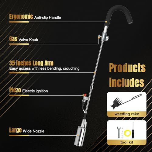GasBRUH Propane Torch Weed Burner,High Output Weed Torch Flamethrower,35" Long Arm Weed Torch Include a Rake,Fire Starter,Charcoal Starter,Heavy Duty Blow Torch for Roof, Wood,Snow (Tank Not Included)