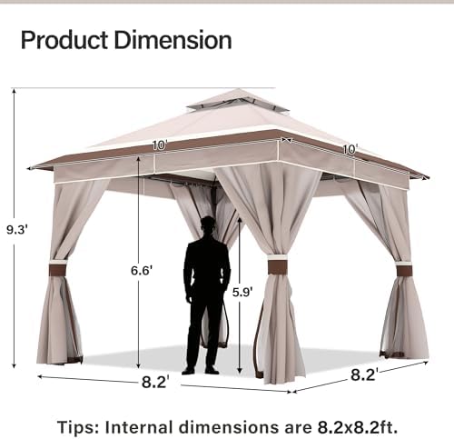 LAUSAINT HOME 10x10 Gazebo with Lights, Netting, Curtains & Double Roof