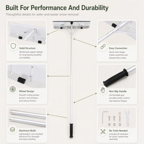 Telescoping Snow Roof Rake 20ft Adjustable Extra Long Handle 2 Wheel Design Wear Resistants Versatile Snow Removal Tool with Detachable Aluminium for House Car Courtyards