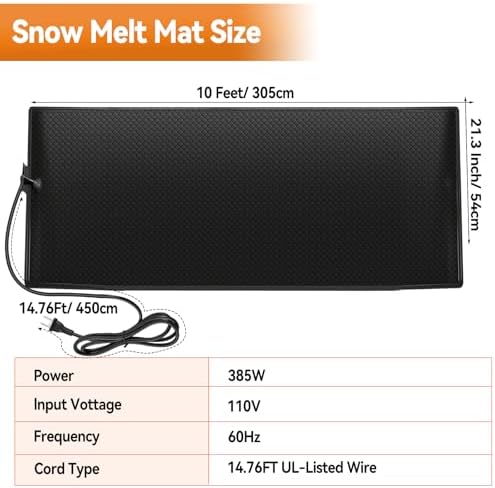 JOJOCY Outdoor Heated Snow Melting Mats, 110V Non-Slip Electric Ice Melting Mats for Driveways, Walkways, Stairs & Sidewalks Weatherproof PVC Heated Mats with 15ft Power Cord (54×305cm(21"×10ft))