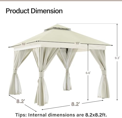 LAUSAINT HOME 10x10 Gazebo with Lights, Netting, Curtains & Double Roof