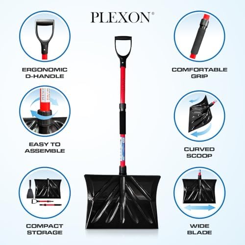 PLEXON Snow Shovel for Driveway Car with Ice Chopper - Ergonomic Collapsible Lightweight Folding Fiberglass Snow Pusher for Snow Removal and Breaking Ice - 18" Width 47", Black, Red