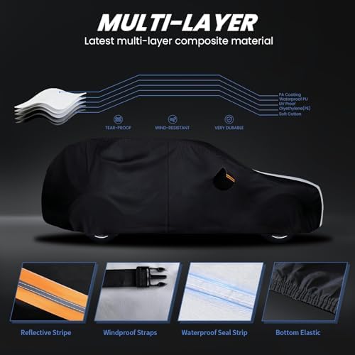 Multi-Layer Car Cover Custom Fit for Toyota Highlander(2001-2026), 100% Waterproof All Weather for Automobiles, Gift with Towel, Heavy Duty Car Covers for Rain Sun UV Protection with Door Zipper