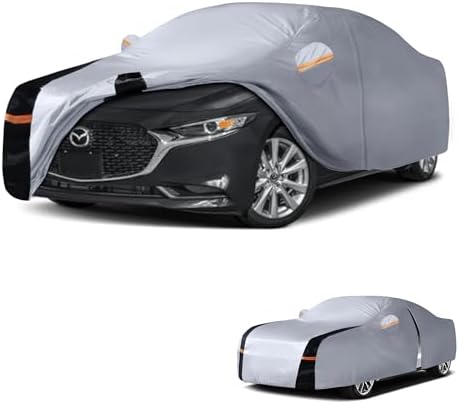 Multi-Layer Car Cover Custom Fit for Mazda 3 Sedan (2003-2026), 100% Waterproof All Weather for Automobiles, Gift with Towel, Heavy Duty Car Covers for Rain Sun UV Protection with Door Zipper.