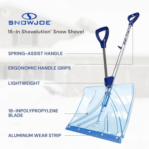 Snow Joe Snow Shovel, Shovelution Strain-Reducing Ice Remover w/ Assist Handle, 18", Blue - Heavy-Duty Blade Tool for Digging and Removing Ice from Driveway, Patio, and Yard, SJ-SHLV02