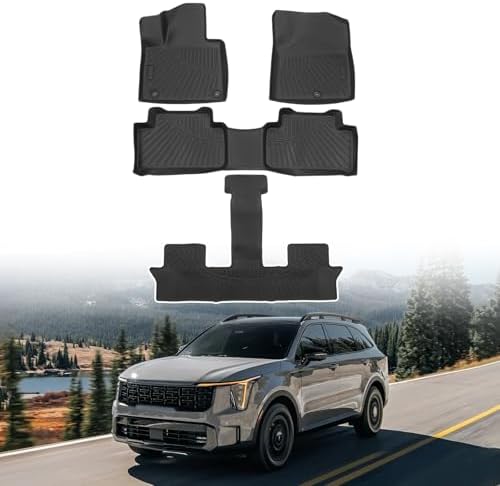 Powerty Floor Mats for 2021-2025 2026 Kia Sorento (Non-Hybrid) All Weather 3D TPE Anti-Slip Car Liners for 1st & 2nd & 3rd Row Accessories