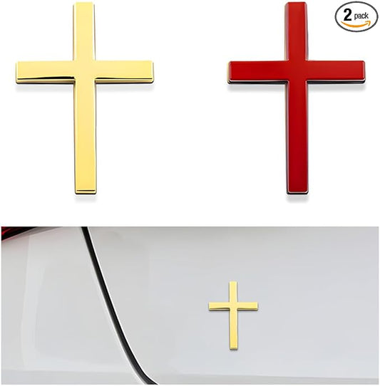 DXNQ 2PCS Metal Jesus Christ Cross Badge Stickers, 2.5"×1.8" Alloy 3D Individual Car Cross Sticker, Self Adhesive Scratch Covering Cross Emblem Decal for Car Body Fender Tail (Red+Golden)