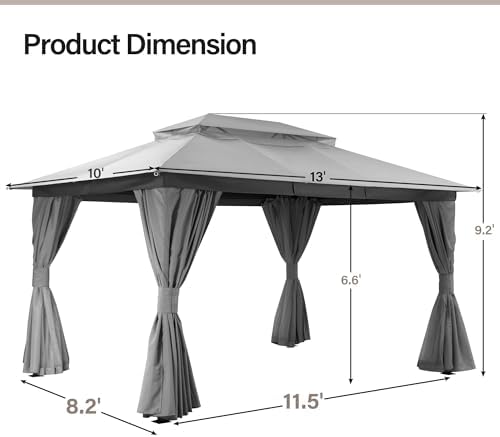 LAUSAINT HOME 10x13 Gazebo Canopy with Netting, Curtains & Double Roof