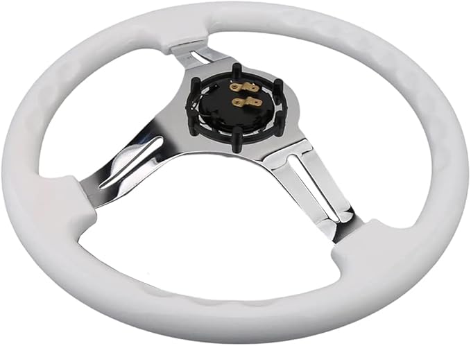 Classic White Car Racing Steering Wheel Chrome Silver Spokes 350mm 13.5" Sports Wood Steering Wheel 6 Bolts Deep Dish With Horn Button