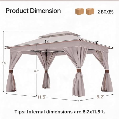 LAUSAINT HOME 10x13 Gazebo with Lights, Netting, Curtains & Double Roof
