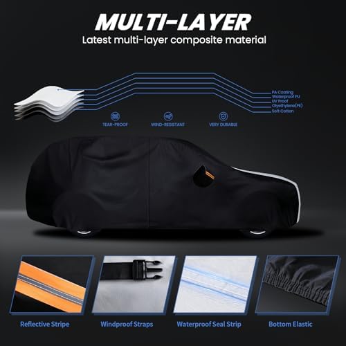 Multi-Layer Car Cover Custom Fit for Acura MDX(2007-2026), 100% Waterproof All Weather for Automobiles, Gift with Towel, Heavy Duty Car Covers for Rain Sun UV Protection with Door Zipper