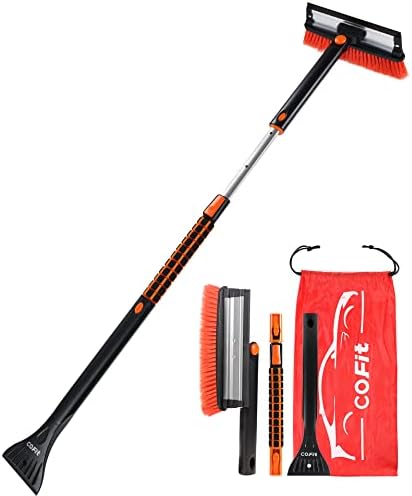 COFIT Car Snow Brush with Ice Scraper and Squeegee 3 in 1, 50" Extendable Cleaning Kit Long Handle, Windshield Snow Removal Tool Scratch Free, SUV Truck RV Window Roof Exterior Wash Supplies, Orange