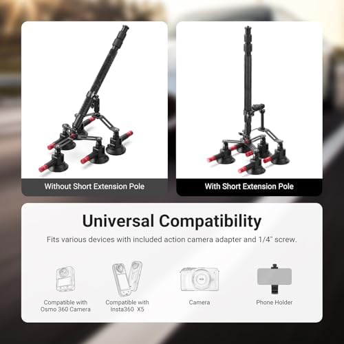 NEEWER 5 in 1 Suction Car Mount Kit Compatible with Insta 360 X5 X4 X3 Insta360 X2 GoPro Max DJI OSMO 360 Action Camera Accessories, Quick Release with Invisible Selfie Stick for Windshield, CA075