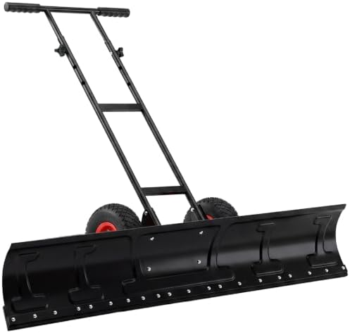 48" Wide Heavy-Duty Wheeled Snow Pusher Shovel with 5-Way Adjustable Handle & 7-Way Angled Blade, Rust-Proof Galvanized Steel Snow Removal Tool for Driveways & Walkways